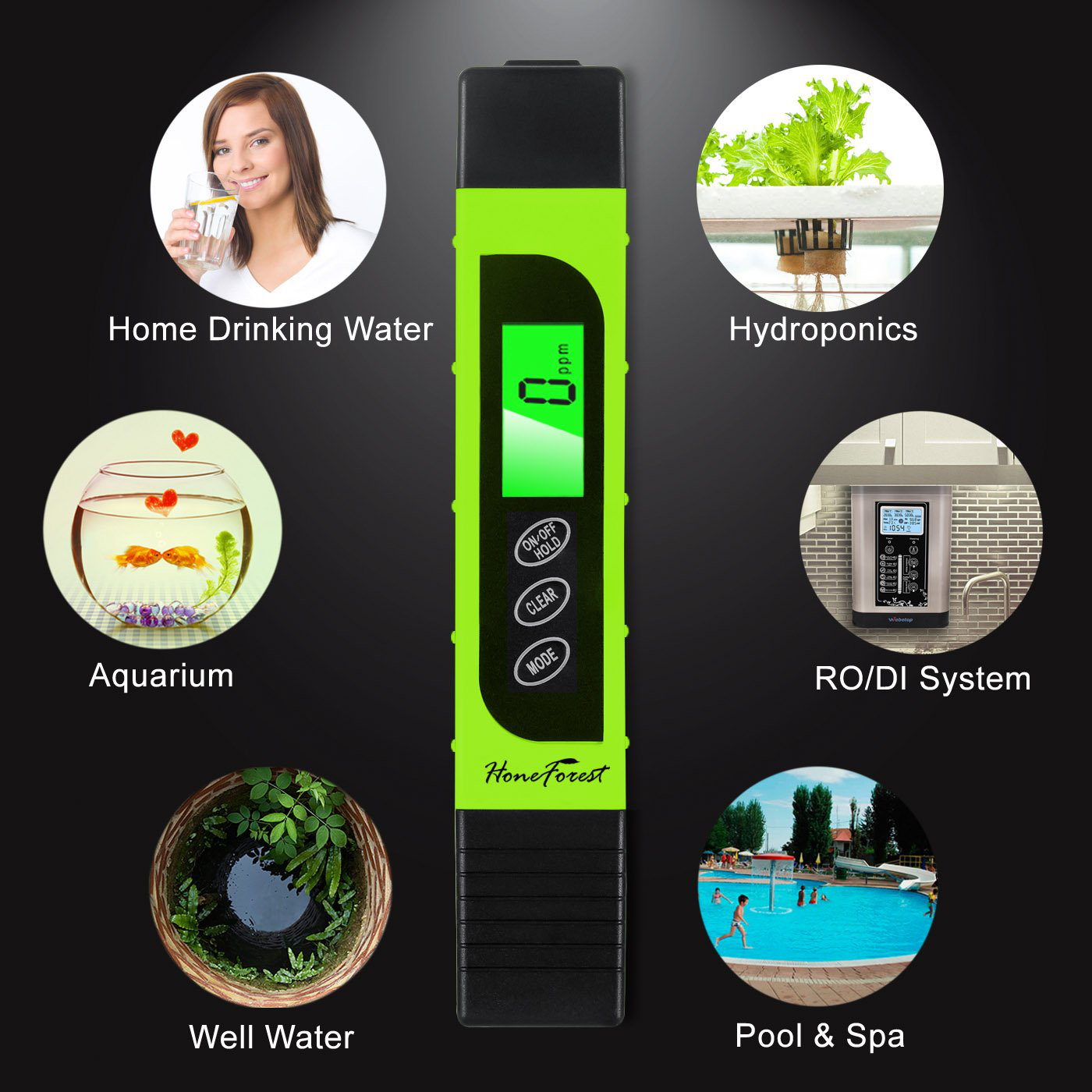 Water Quality Tester, Accurate and Reliable, HoneForest TDS Meter, EC Meter & Temperature Meter 3 in 1, 0-9990ppm, Ideal Water Test Meter for Drinking Water, Aquariums, etc.