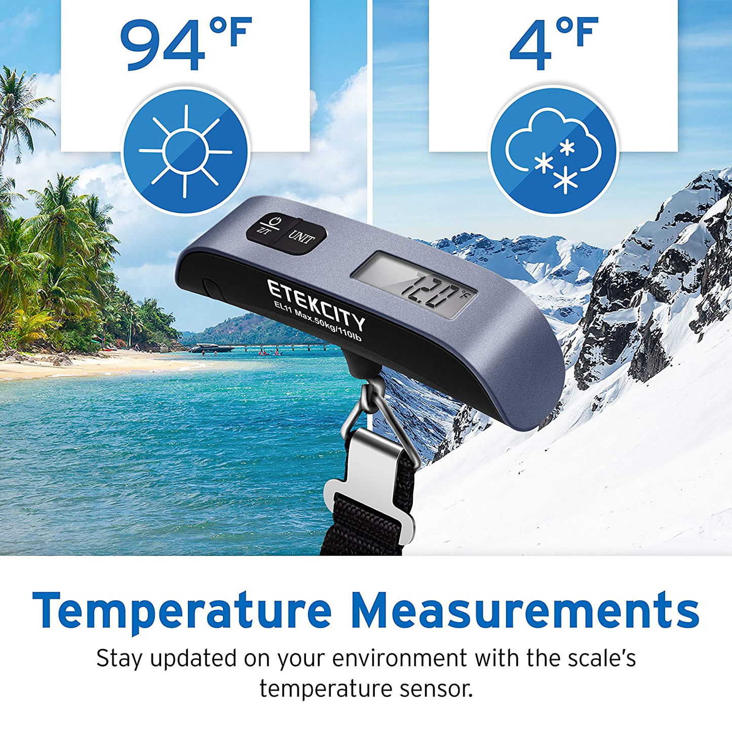 Etekcity Luggage Scale, Digital Portable Handheld Suitcase Weight for Travel with Rubber Paint, Temperature Sensor, 110 Pounds, Battery Included