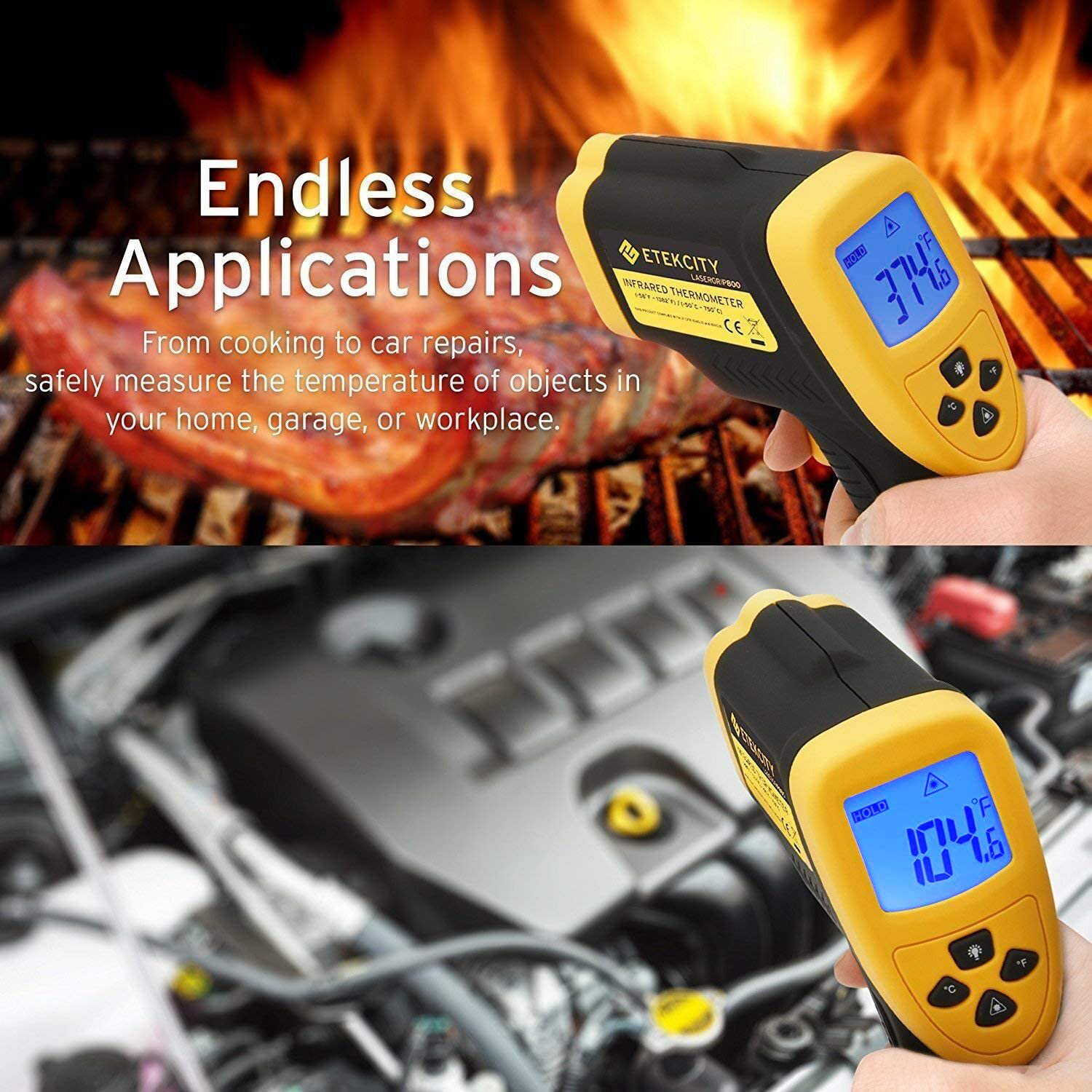 Etekcity Infrared Thermometer 800 (Not for Human) Non-Contact Digital Temperature Gun,16:1 DTS Ratio, 58℉ to 1382℉(-50℃ to 750℃), Yellow and Black
