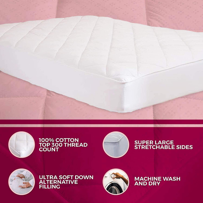 MAXI Queen Mattress Pad Topper Fitted | Down Alternative Mattress Cover, 100% Cotton Top, 300 TC Quilted | Highly Breathable, Full Coverage Bed Mattress Pad | Queen 60x80 Stretchable Up to 18"