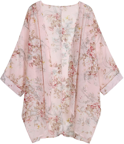 olrain Women's Floral Print Sheer Chiffon Loose Kimono Cardigan Capes