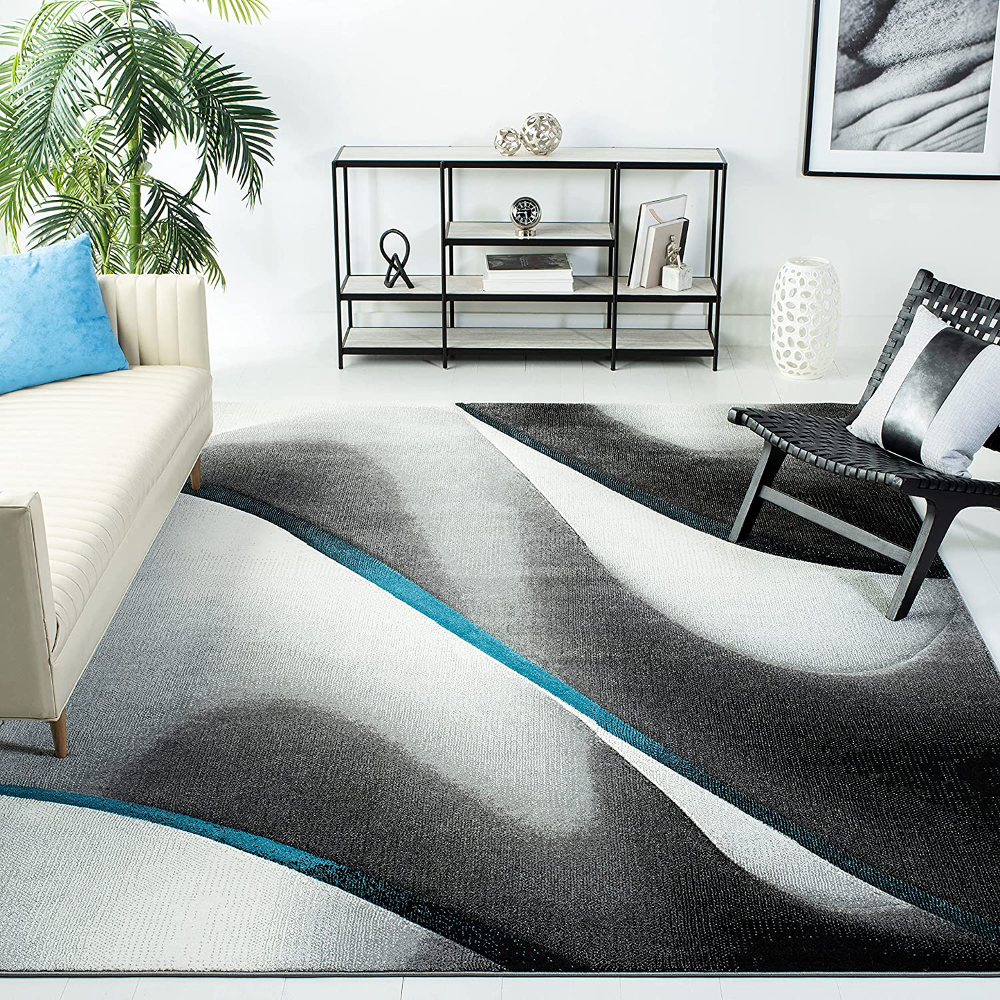 Safavieh Hollywood Collection HLW712F Mid-Century Modern Non-Shedding Stain Resistant Living Room Bedroom Area Rug, 2'7" x 5', Grey / Blue