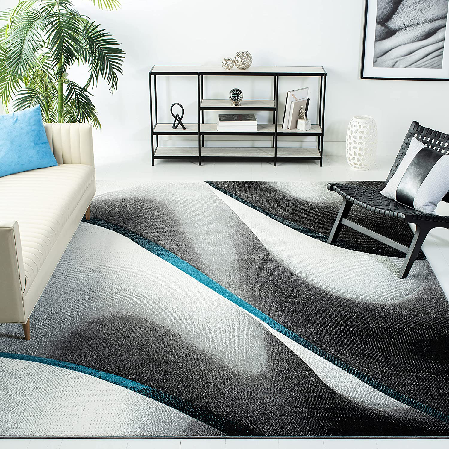 Safavieh Hollywood Collection HLW712F Mid-Century Modern Non-Shedding Stain Resistant Living Room Bedroom Area Rug, 2'7" x 5', Grey / Blue