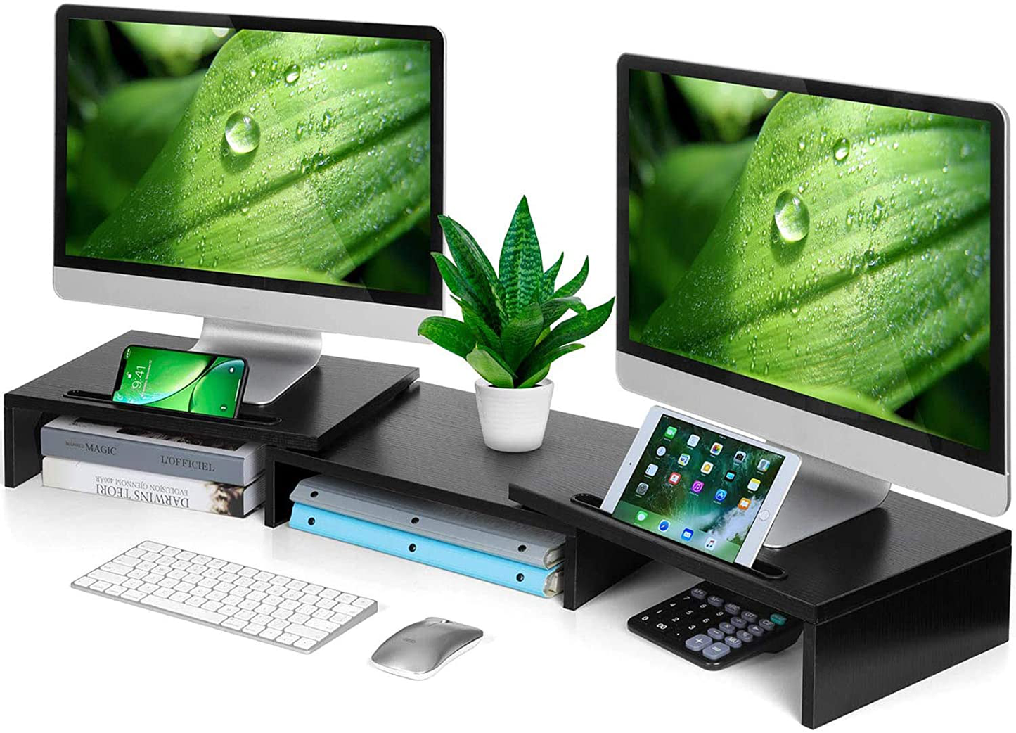 AMERIERGO Dual Monitor Stand Riser- 3 Shelf Screen Stand with Adjustable Length and Angle, 2 Extra Functional Slot Desktop Organizer Stand for PC, Computer, Laptop (Light Wood)