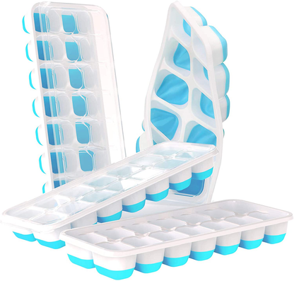 DOQAUS Ice Cube Trays 4 Pack, Easy-Release Silicone and Flexible 14-Ice Cube Trays with Spill-Resistant Removable Lid, LFGB Certified and BPA Free, for Cocktail, Beer, Stackable Flexible Ice Trays