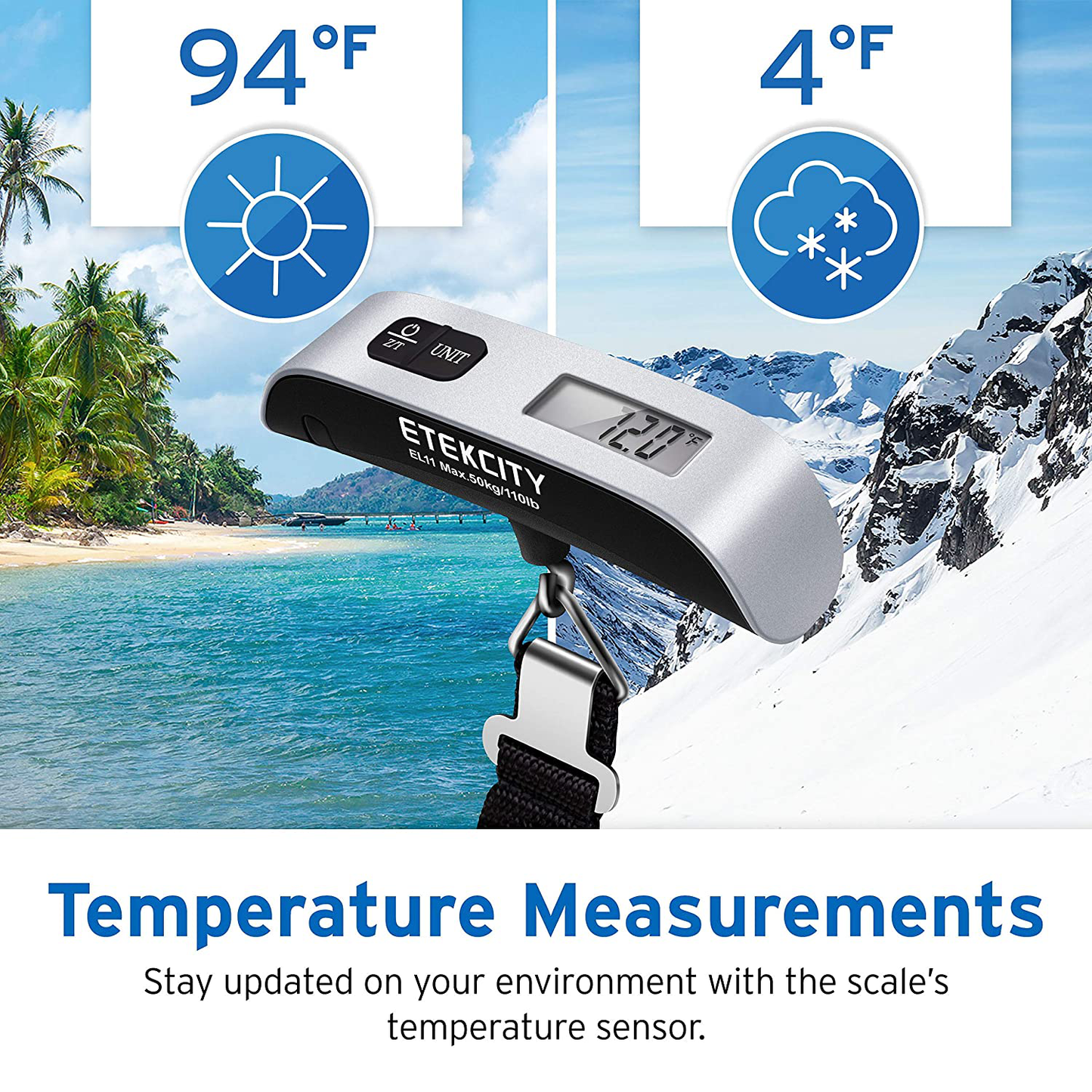 Etekcity Luggage Scale, Digital Portable Handheld Suitcase Weight for Travel with Rubber Paint, Temperature Sensor, 110 Pounds, Battery Included