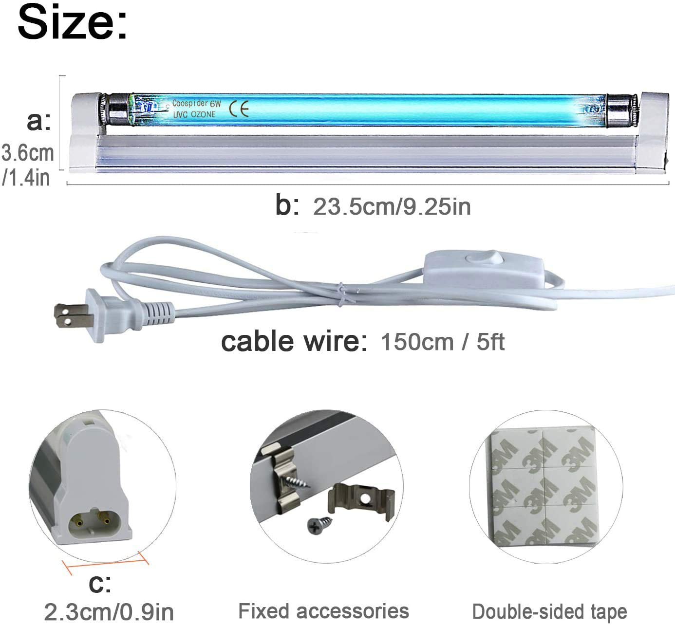 U/V/C Light Lamp 185nm with 253.7nm Bulb 5ft Cord and Plug 110V (6W Ozone Lamp)