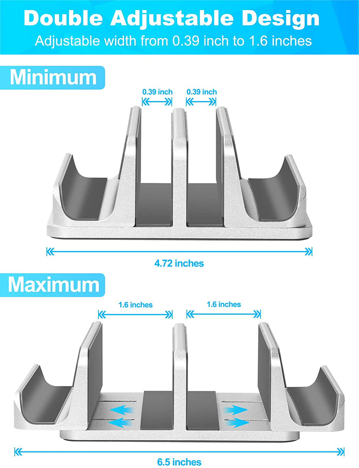 JARLINK Adjustable Vertical Laptop Stand, Desktop Stand Adjustable Laptop Holder with 2 Slots (up to 17.3 inches), Compatible with All MacBook Pro/Air/Microsoft Surface, Newly Designed, (Silver)