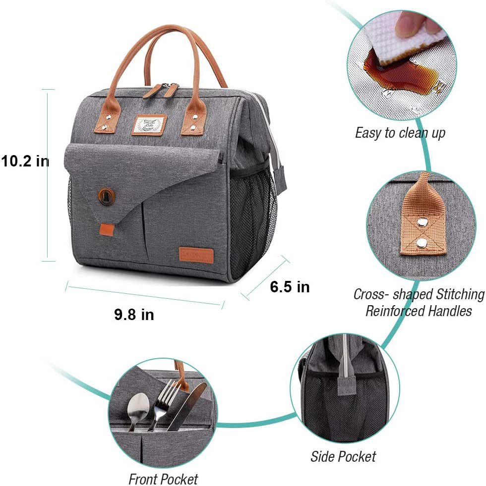Lekesky Insulated Lunch Bag for Women Leakproof Wide Open Lunch Box Reusable Lunch Cooler Bag for Adults Work, Black