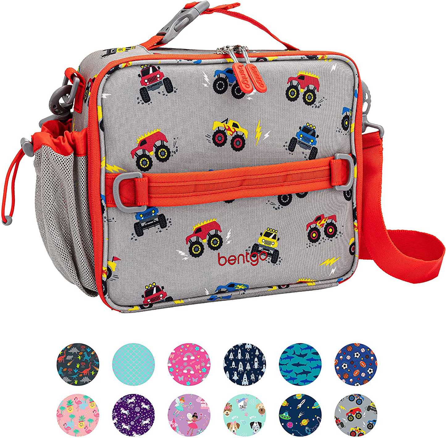 Bentgo Kids Prints Lunch Bag - Double Insulated, Durable, Water-Resistant Fabric with Interior and Exterior Zippered Pockets and External Bottle Holder- Ideal for Children of All Ages (Trucks)