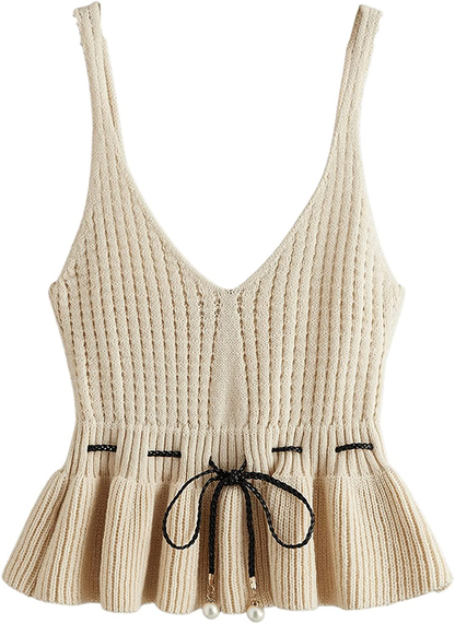 SweatyRocks Women's Casual Knit Top Sleeveless Ruffle Hem V Neck Peplum Crop Tank Top