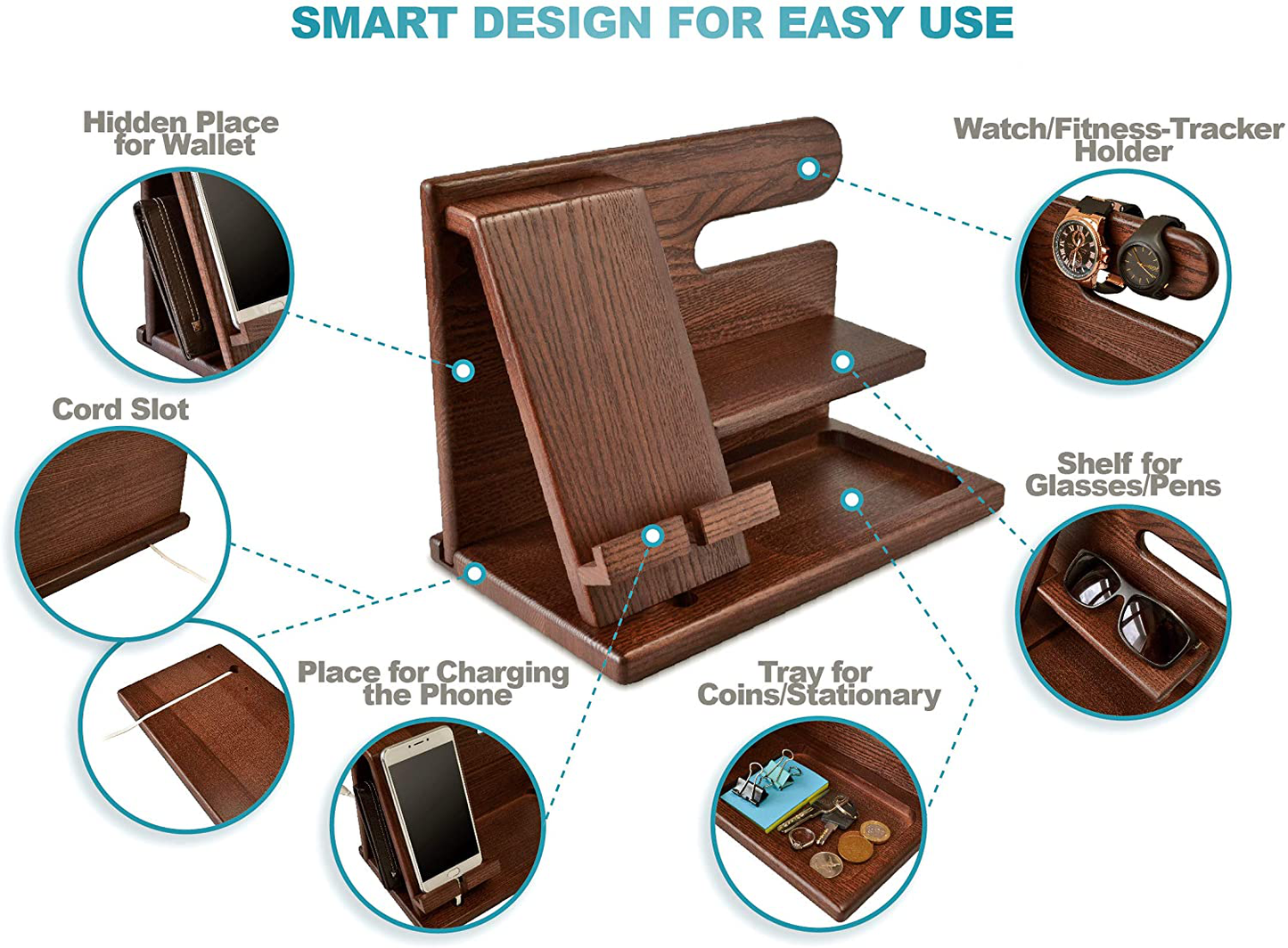 TESLYAR Wood Phone Docking Station Ash Key Holder Wallet Stand Watch Organizer Men Gift Husband Wife Anniversary Dad Birthday Nightstand Purse Father Graduation Male Travel Idea Gadgets (Brown)