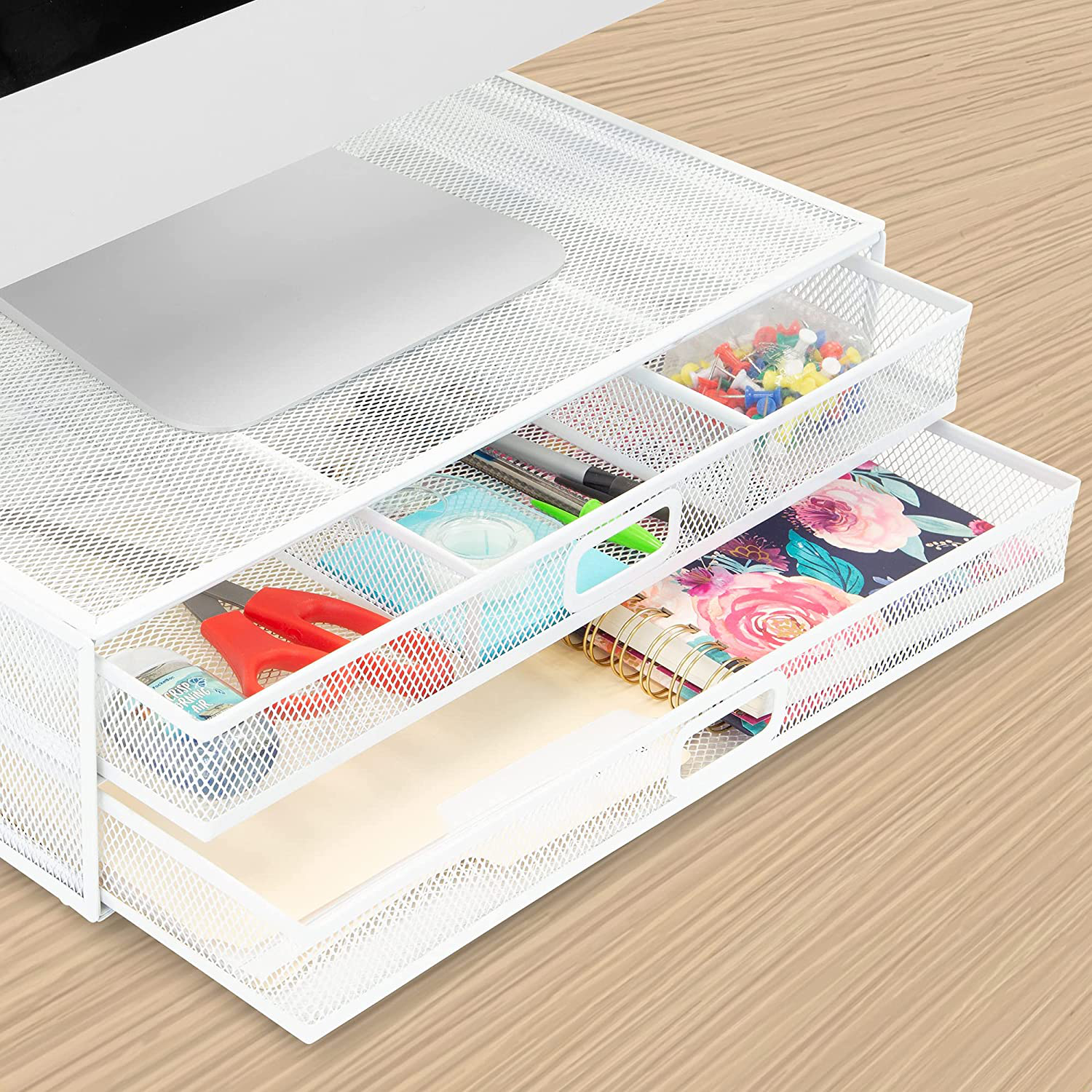 MOUNT-IT! Mesh Computer Monitor Stand Riser [Metal] Desk Organizer with Two Pullout Storage Drawers for Desktop, Laptop, and Printer Accessories and Office Supplies (White)
