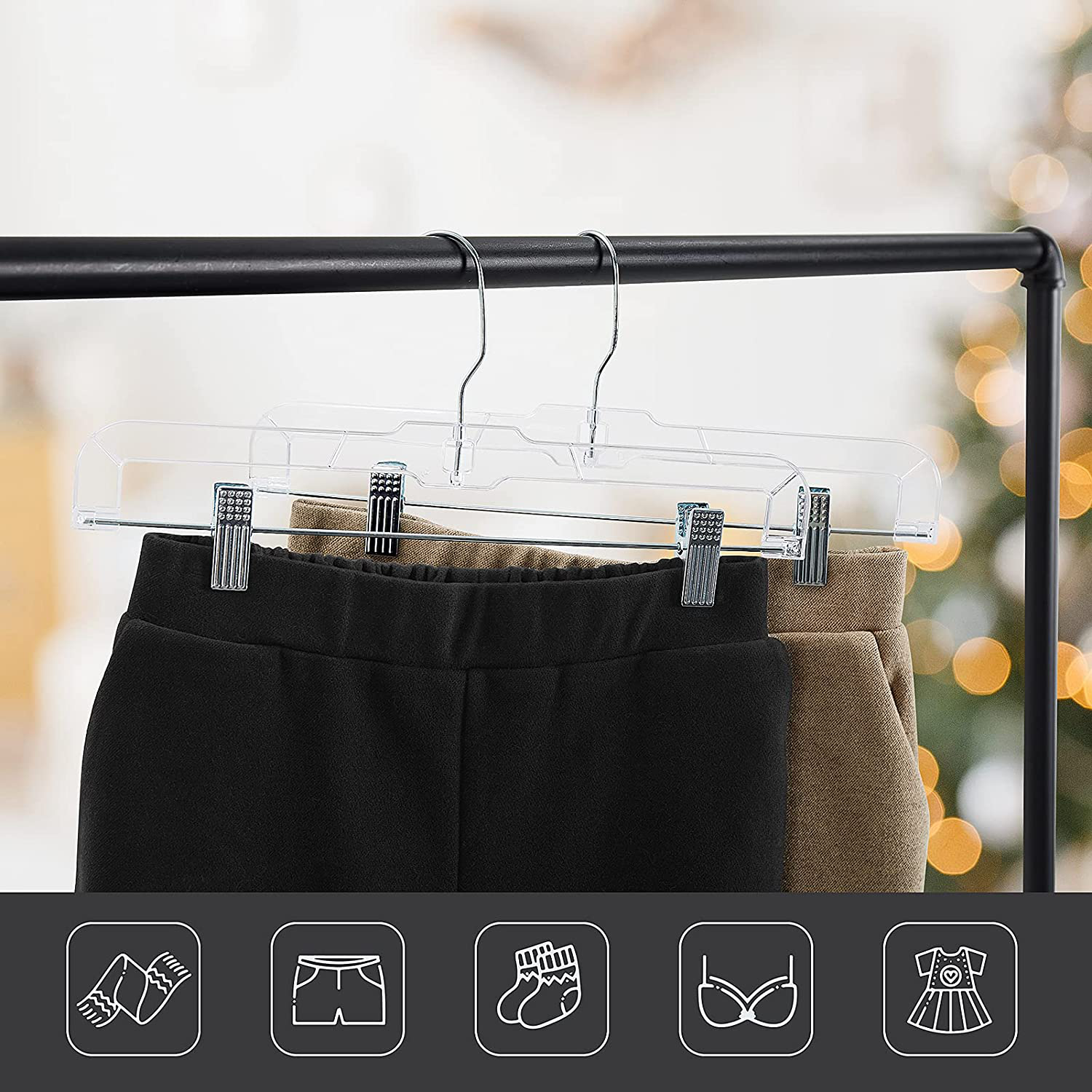 HOUSE DAY 12 Pack 14 inch Clear Plastic Skirt Hangers with Adjustable Clips, Pants Hangers 360-Rotating Swivel Hook, Clip Hangers for Pants, Trousers, Skirts, Jeans, Bulk Plastic Hangers