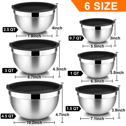 Set of 6 Mixing Bowls with Lids, Stainless Steel Metal Nesting Bowls for Cooking, Baking, Preparing & Serving