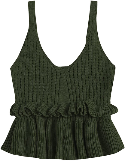 SweatyRocks Women's Casual Knit Top Sleeveless Ruffle Hem V Neck Peplum Crop Tank Top