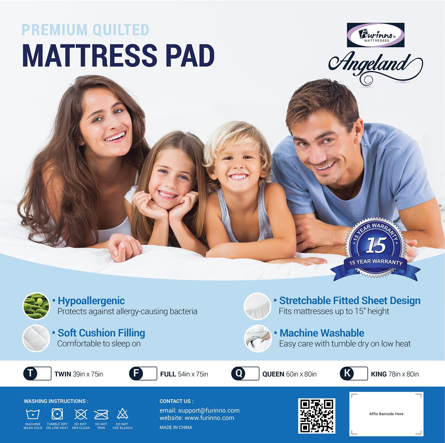 Furinno Angeland Quilted Mattress Pad, Twin, White