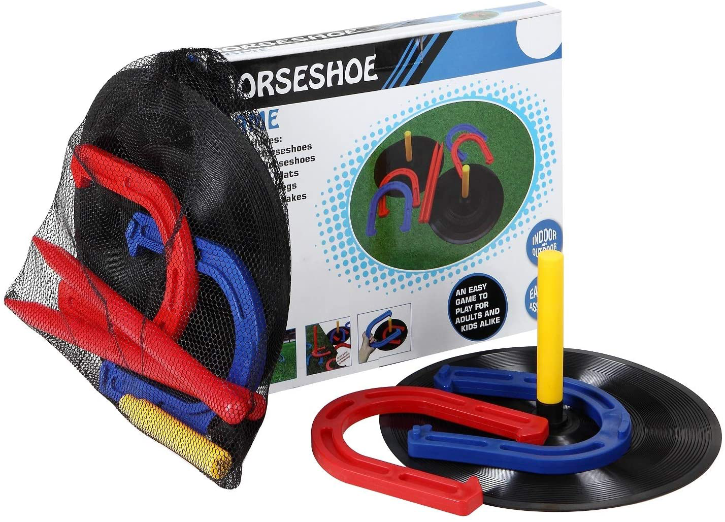 Win SPORTS Outdoor Indoor Rubber Horseshoes Set Includes 4 Horseshoes,2 Pegs,2 Rubber Mats,2 Red Plastic dowels,Beach Games Perfect for Tailgating,Camping,Backyard,Fun for Kids Adults