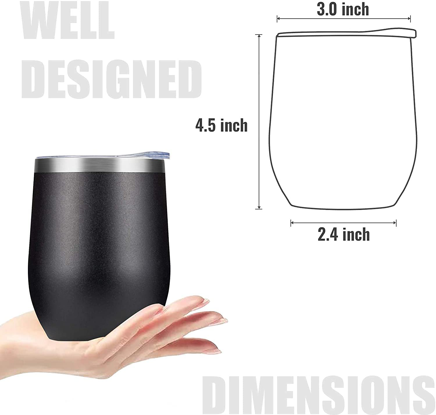 RUNSPORT Stainless Steel Wine Tumbler With Lid and Straws 12 Oz Double Wall Durable Stainless Steel Insulated Wine Glass for Wine, Coffee, Cocktails, Personalized Birthday and Holiday Gifts (Black)