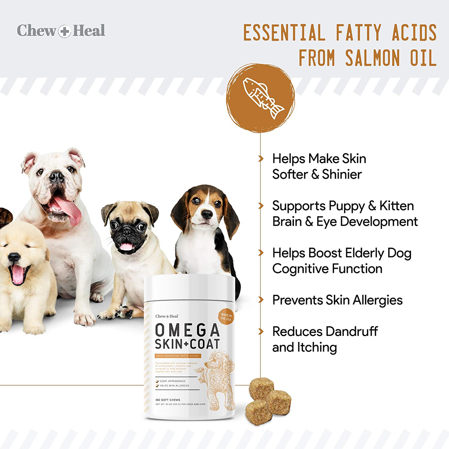 180 Soft Chew Omega Treats for Skin and Coat - Fish Oil Blend of Essential Fatty Acids, Omega 3, 6, and 9, Vitamins, Antioxidants and Minerals
