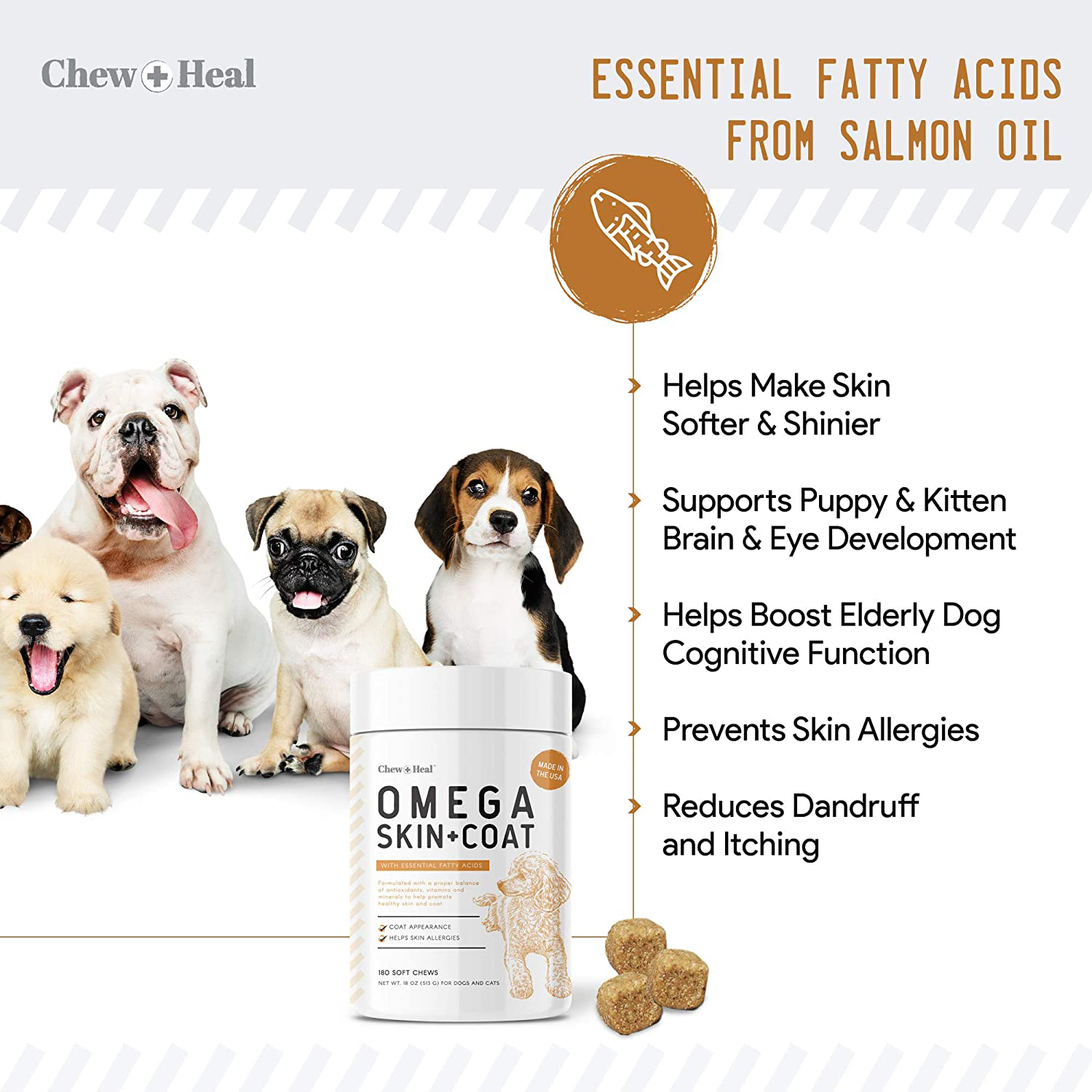 180 Soft Chew Omega Treats for Skin and Coat - Fish Oil Blend of Essential Fatty Acids, Omega 3, 6, and 9, Vitamins, Antioxidants and Minerals