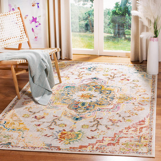 Safavieh Crystal Collection CRS501M Boho Chic Oriental Medallion Distressed Non-Shedding Stain Resistant Living Room Bedroom Area Rug, 3' x 5', Light Blue / Grey