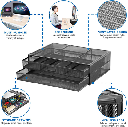 MOUNT-IT! Mesh Computer Monitor Stand Riser [Metal] Desk Organizer with Two Pullout Storage Drawers for Desktop, Laptop, and Printer Accessories and Office Supplies (Black)