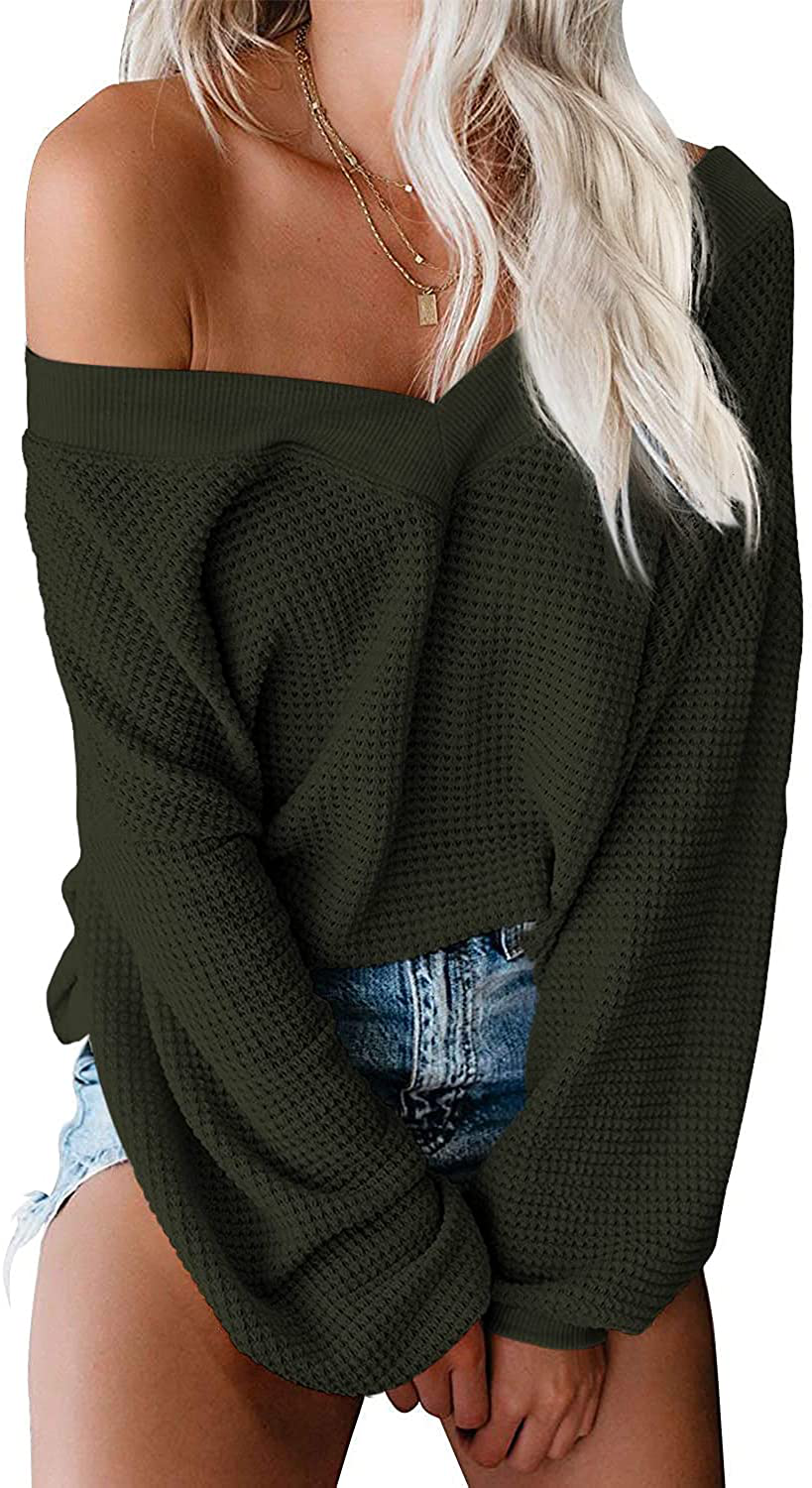 ReachMe Women's Oversized Off Shoulder Pullover Tops Long Sleeve Loose Fit Waffle Knit Tops