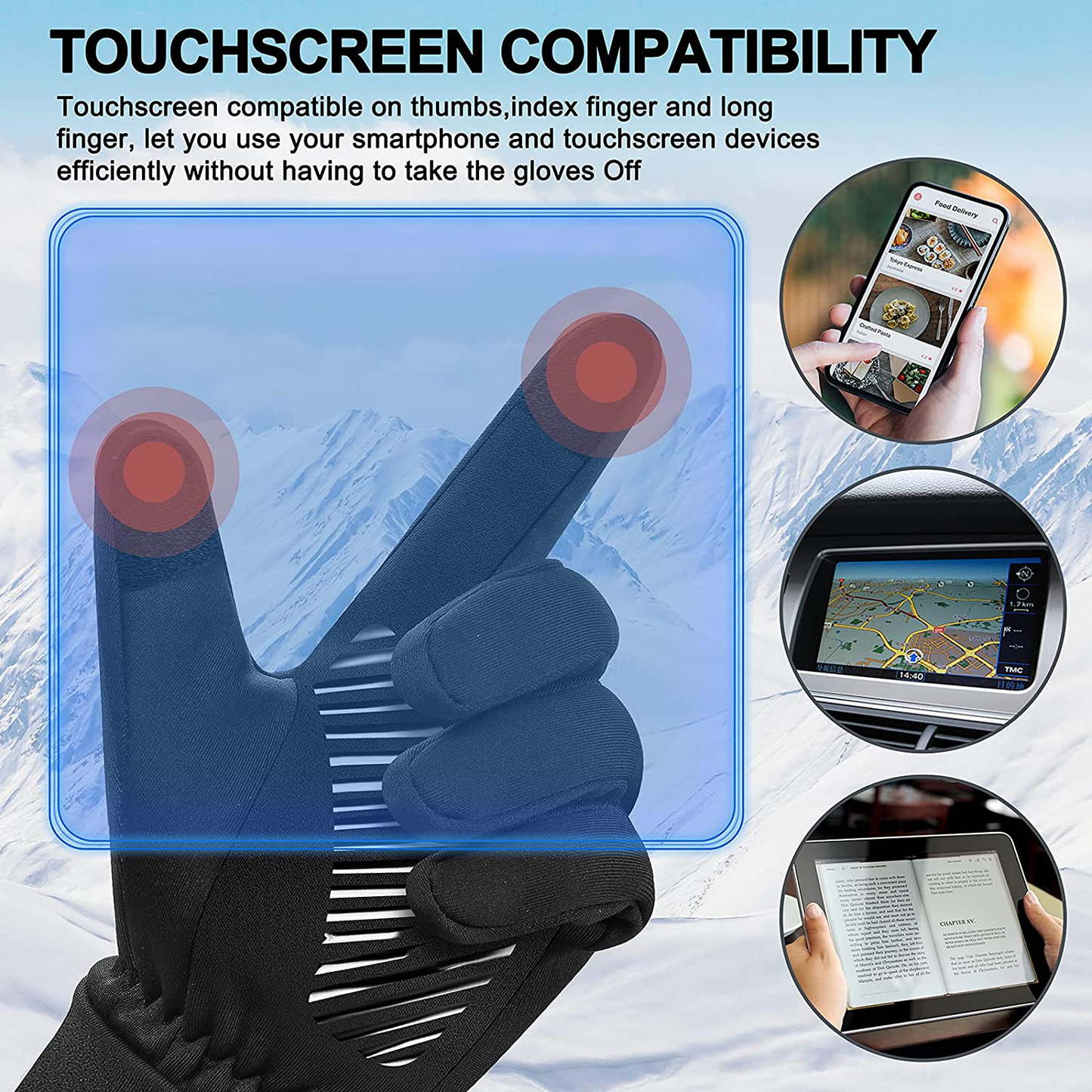 Thermal Black Warm Gloves for Men Women Waterproof Touchscreen Non-Slip Gloves