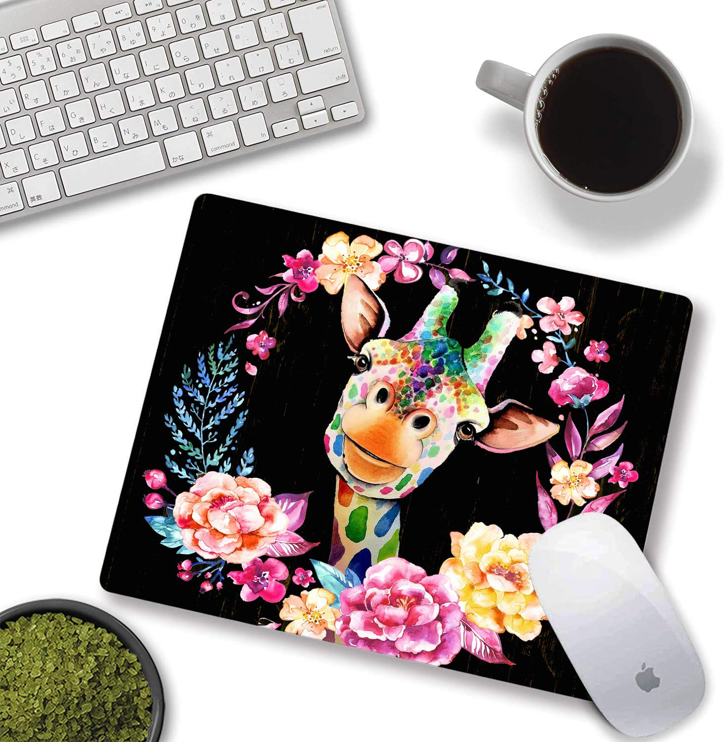 TIANCHEN Giraffe Watercolor Floral Mouse Pad Faux Wood Mousepad Cute Desk Accessories Giraffe Gifts
