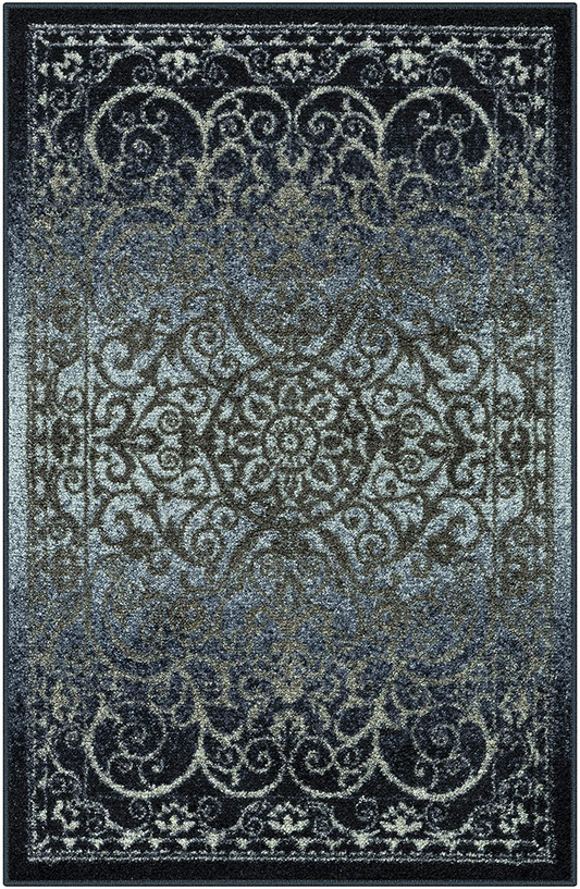 Maples Rugs Pelham Vintage Kitchen Rugs Non Skid Accent Area Carpet [Made in USA], 2'6 x 3'10, Navy/Grey