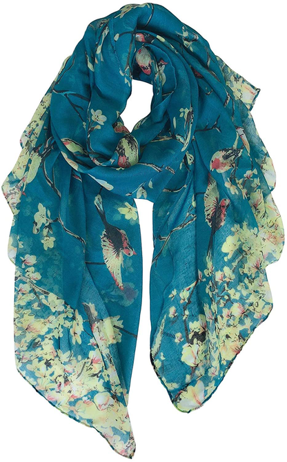 GERINLY Scarfs for Women Lightweight Floral Birds Print Cotton Scarves and Wraps for Holiday