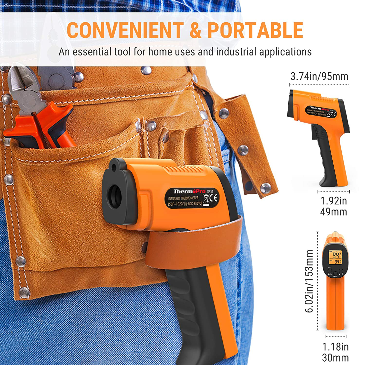 ThermoPro TP30 Digital Infrared Thermometer Gun Non Contact Laser Temperature Gun -58°F ~1022°F (-50°C ~ 550°C) with Adjustable Emissivity & Max Measure (NOT for Human Body Temperature)