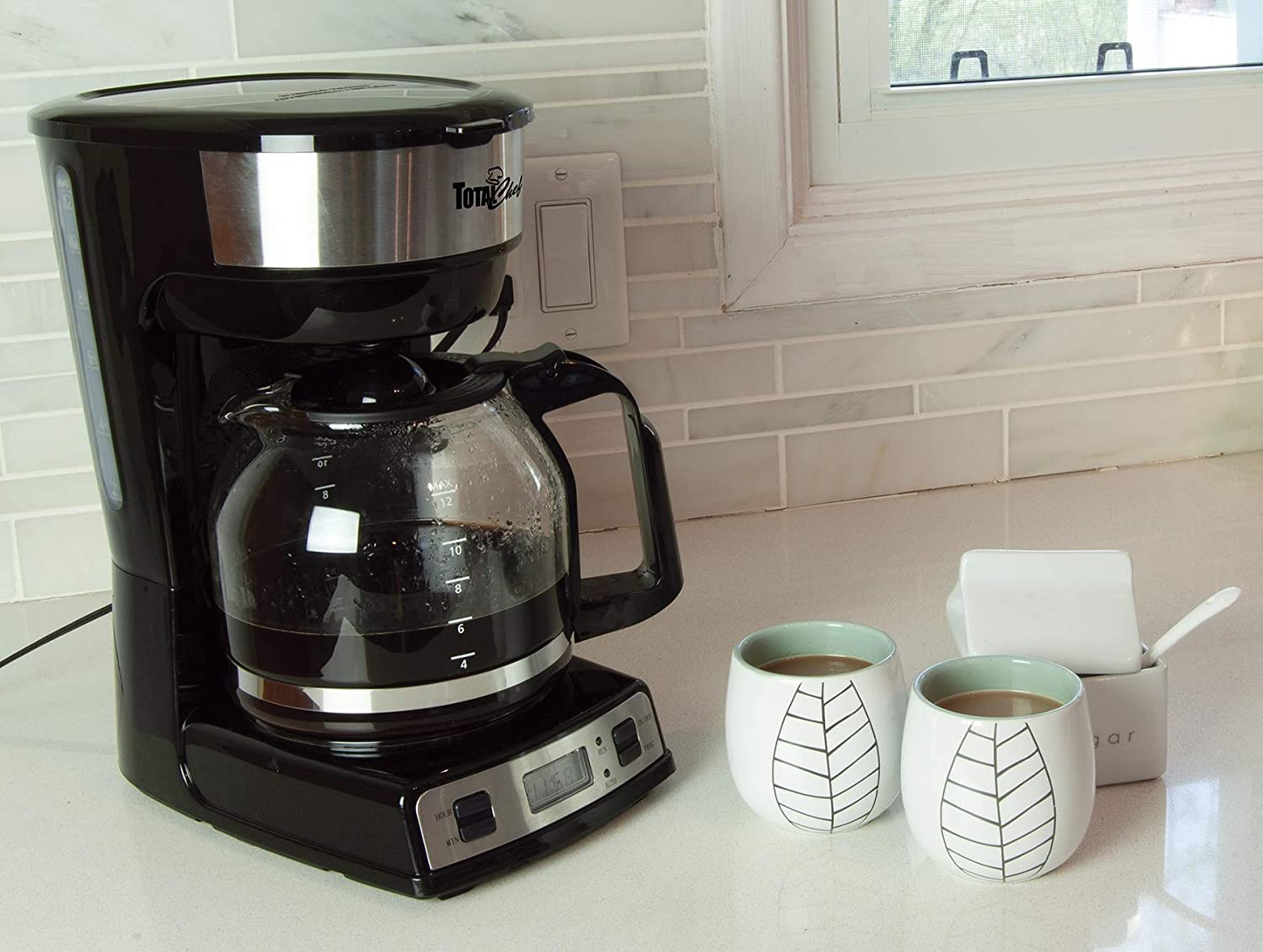 Total Chef TCCM06 Programmable Coffee Maker Stainless Steel with 12-Cup Glass Carafe, LCD Display,Easy Cleanup, Reusable Basket Filter, Countertop, Black/Gray