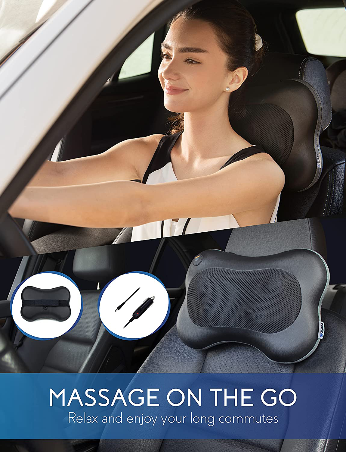 Zyllion Shiatsu Back and Neck Massager - Kneading Massage Pillow with Heat for Shoulders, Calf, Legs, Feet, Hands, Home, Office, Chair and Car - Black (ZMA-13-BK)