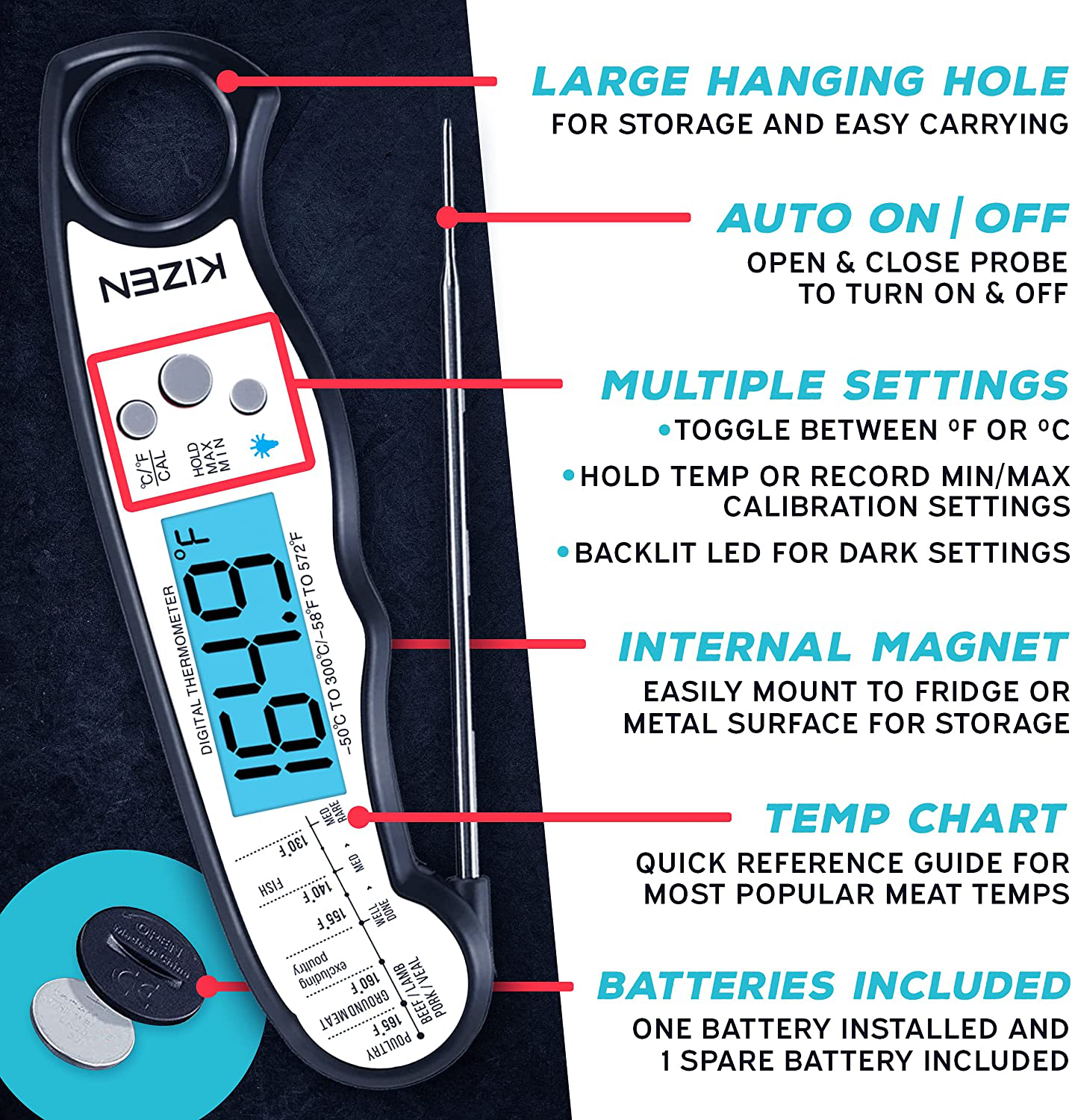 Kizen Digital Meat Thermometers for Cooking - Waterproof Instant Read Food Thermometer for Meat, Deep Frying, Baking, Outdoor Cooking, Grilling, & BBQ (Black/White)