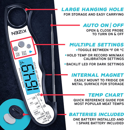 Kizen Digital Meat Thermometers for Cooking - Waterproof Instant Read Food Thermometer for Meat, Deep Frying, Baking, Outdoor Cooking, Grilling, & BBQ (Black/White)