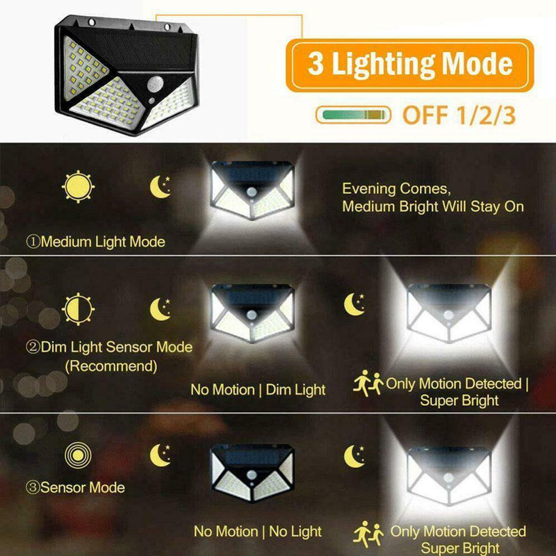 2 Pack 100 LED Solar Motion Sensor Lights - Wireless, Outdoor, IP65 Waterproof