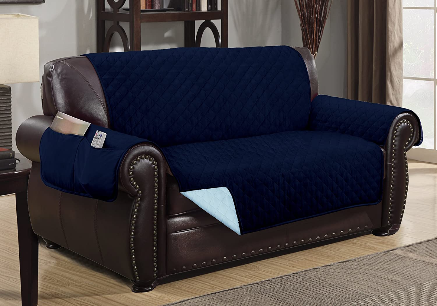 Reversible Quilted Furniture Protector Slipcover - 2 Pockets for Magazines, Newspapers, Remotes - Machine Washable 