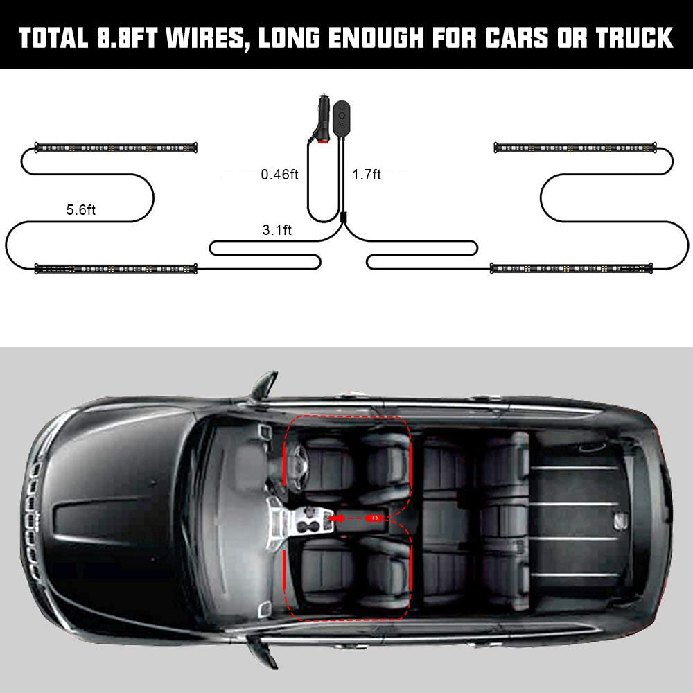 SUNPIE Car Interior Lights, Car Strips Lights with App and Remote Control Waterproof LED Atmosphere Car Lights Come with 48 LED Chip 8.8ft Length Indoor Lights with DC 12V Car Charger Sync to Music