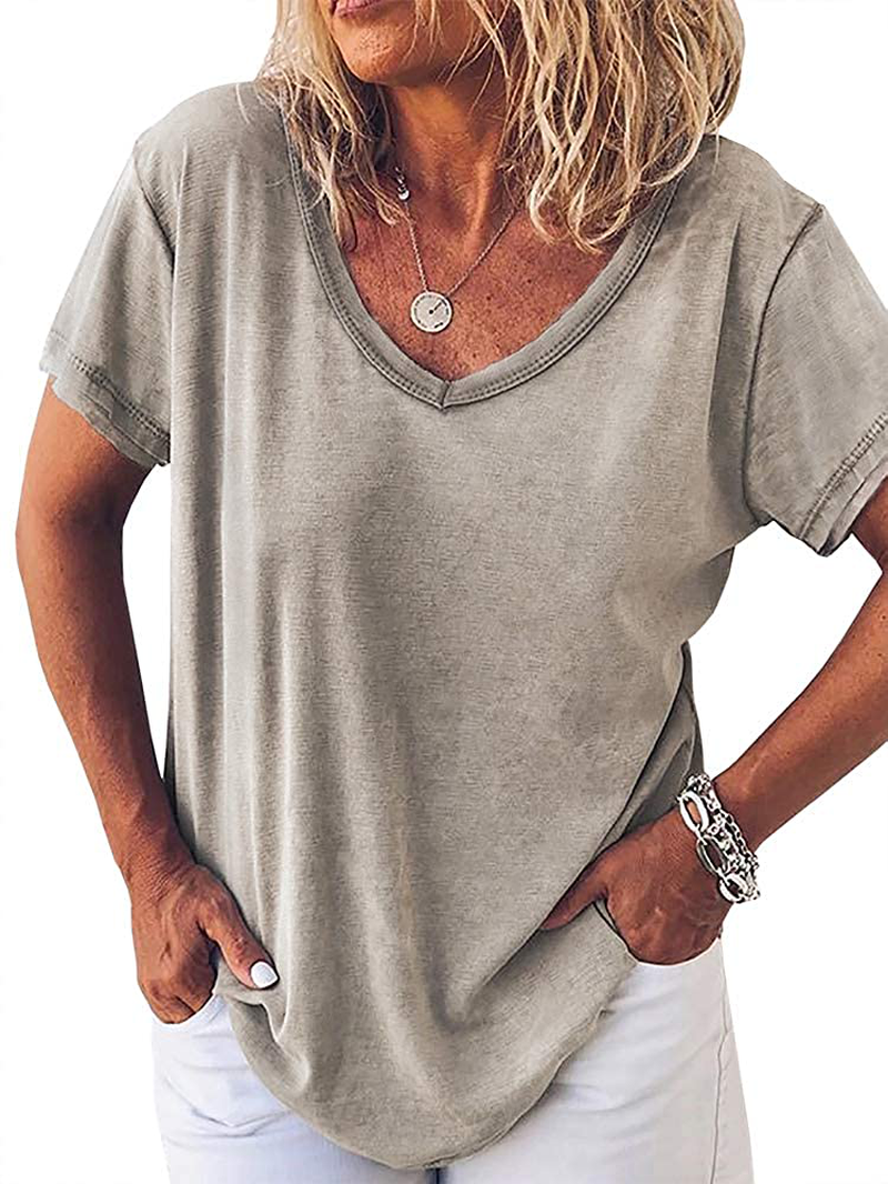 Fessceruna Womens Short Sleeve V Neck T Shirt Summer Casual Loose Solid Basic Tunic Tee Top Blouse