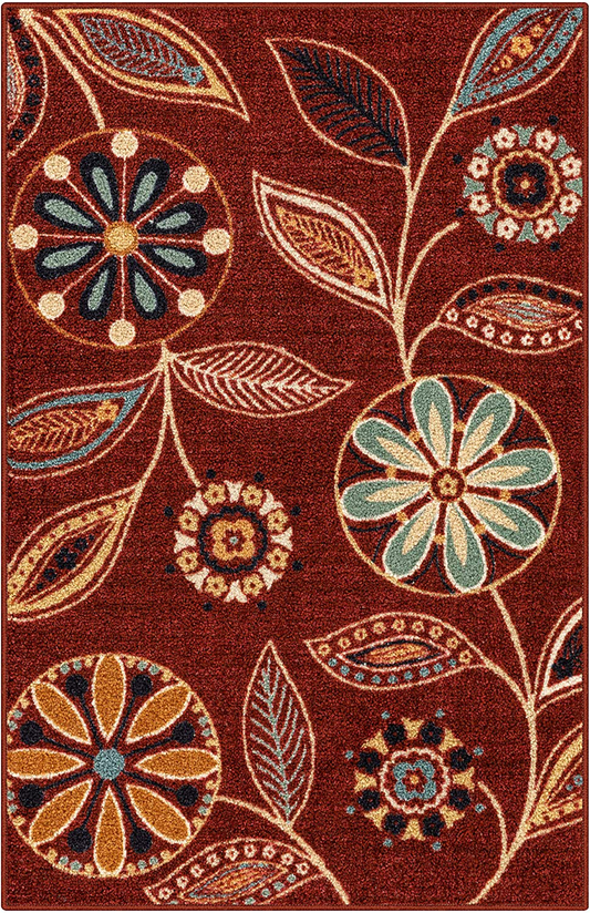 Maples Rugs Reggie Floral Kitchen Rugs Non Skid Accent Area Carpet [Made in USA], 2'6 x 3'10, Merlot