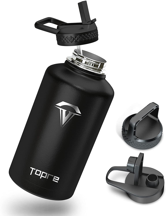 64 oz Insulated Water Bottle, Topre Half Gallon Vacuum Stainless Steel Sports Water Jug with 3 Lids & Brushes, BPA-free Reusable Triple Walled Thermo Mug Canteen for Sports Outdoor Camping, Black