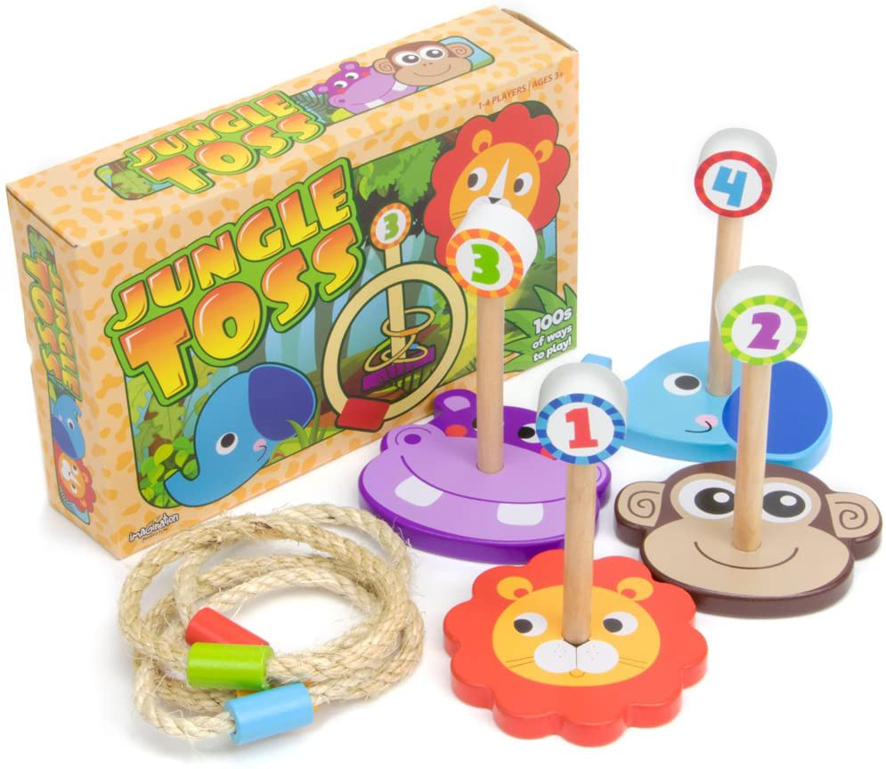Imagination Generation Jungle Ring Toss Game, Indoor/Outdoor Family Fun with 4 Wooden Zoo Animal Targets