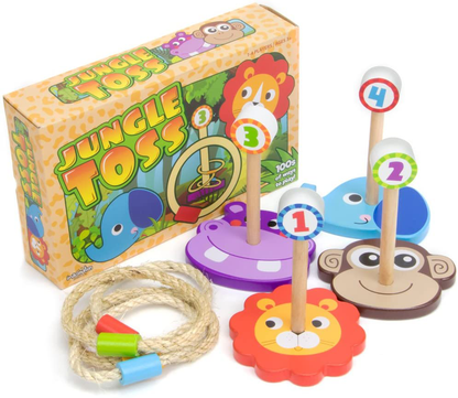 Imagination Generation Jungle Ring Toss Game, Indoor/Outdoor Family Fun with 4 Wooden Zoo Animal Targets