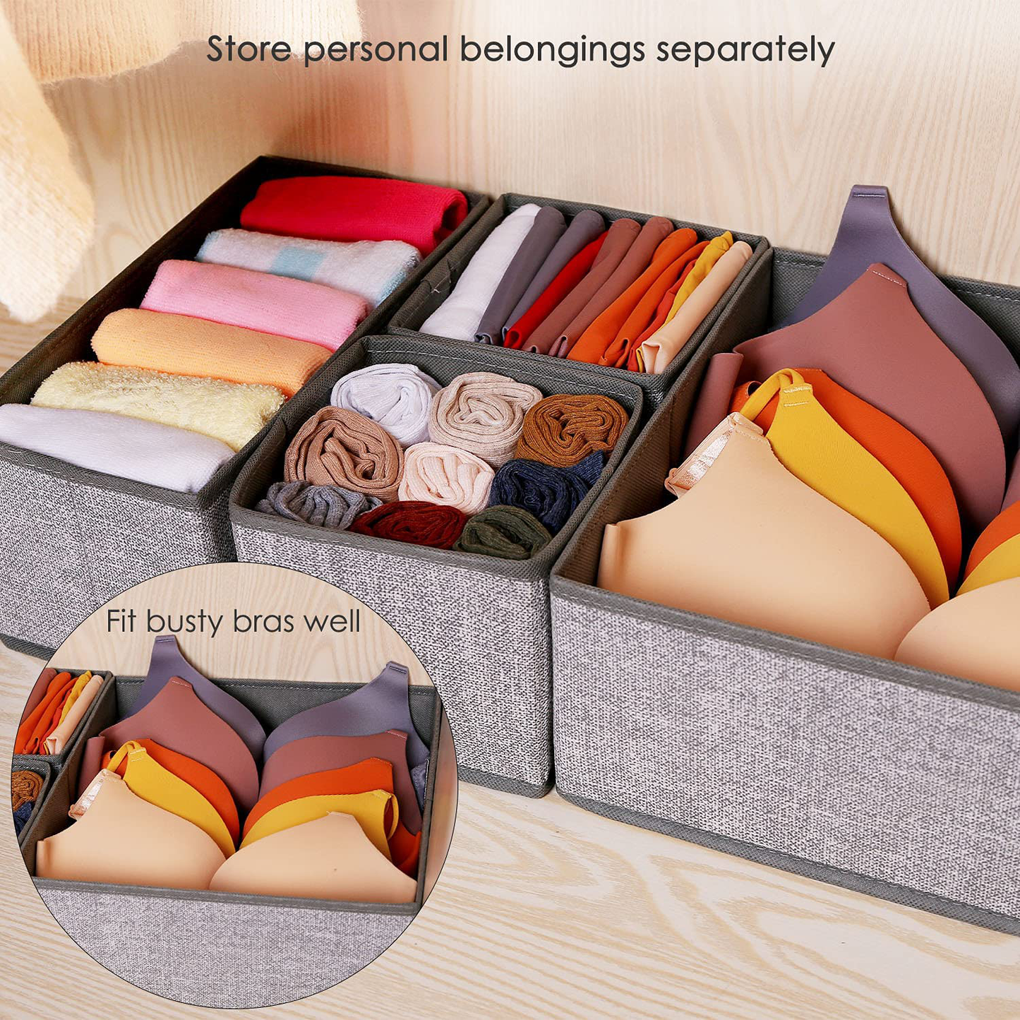 Criusia Underwear Drawer Organizer, 6 Set Foldable Underwear Drawer Organizer and Closet Dividers,Storage Box for Clothes, Socks, Underwear (6 Bins, Gray)