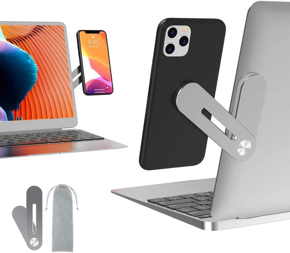 Side Mount Clip on Monitor Magnetic Laptop Phone Stand with Adjustable Cellphone Holder Computer Extension Bracket for iPhones and Smartphones