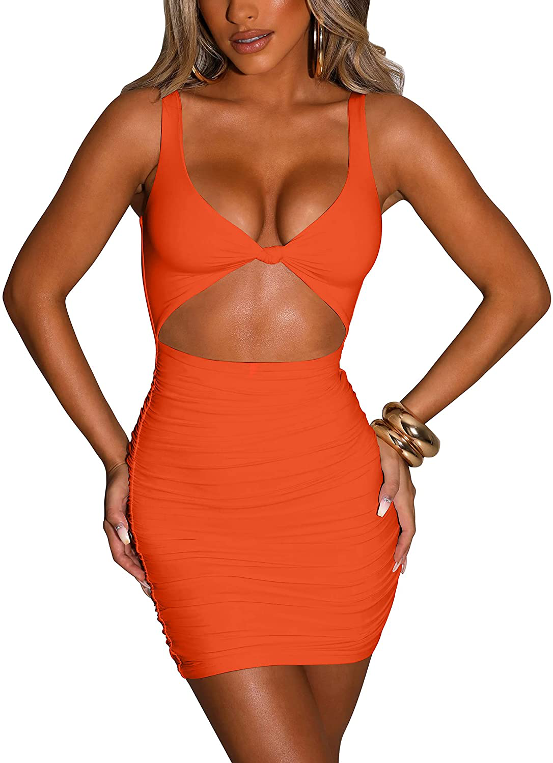 Kaximil Women's Sexy Bodycon Sleeveless Cut Out Ruched Tank Mini Club Party Dresses