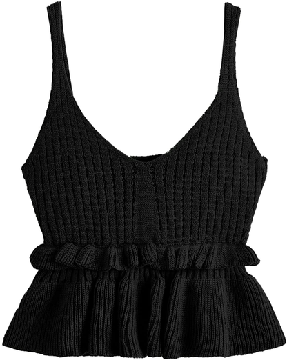 SweatyRocks Women's Casual Knit Top Sleeveless Ruffle Hem V Neck Peplum Crop Tank Top