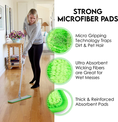 Turbo Microfiber Mop Floor Cleaning System - 18-inch Sweeper with 4 Reusable Pads and 360-Spin Mop Head with Extendable Handle - Household Cleaning Supplies and Tools